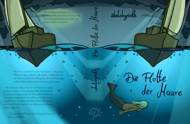 Der Buchumschlag: Es zeigt vorne wie Hinten das Meer unter grauen Wolken. Ein Segelschiff, leichte Schräglage, fährt darauf. Auf dem Frontcover fährt es auf uns zu, auf der Rückseite gespiegelt von uns weg, sodass, wenn das Buch zugeklappt wäre, es quasi durchs Buch durch fahren würde. Der Bereich unter Wasser nimmt etwa 2/3 des Covers ein und strahlt in hellen, kalten Blautönen, weil Sonnenstrahlen durch die Gewitterwolken und die Wasseroberfläche brechen. Rechts unten ist eine Nixe. Vorn steht Titel und Autory. Hinten der Klappentext: Drei Landmassen erheben sich aus dem Ozean des Planeten Ardas. Der kleinste davon: Grenlannd, Kontinent der unbefußteren Völker wie Nixen. Doch die Landvölker anderer Kontinente – Menschen, Elben, Zwerge, Lobbuds und weitere – wollen ihn nun mit ihren überheblichen Methoden, die vor Verachtung anderen Seins nicht zurückschrecken, zerforschen. Die Flotte der Maare ist eine von Nixen ins Leben gerufene Initiative, um Forschungsschiffe von Grenlannd fern zu halten. Zusammen mit Verbündeten bilden sie eine starke Gemeinschaft mit viel Raum für freie Entfaltung des Seins, für Queersein, Neurodiversität, BDSM und Mental Health, der durch die Bedrohung des Landes immer enger wird. Ein episodischer Roman über ökologische Piraterie, Nixen und BDSM.