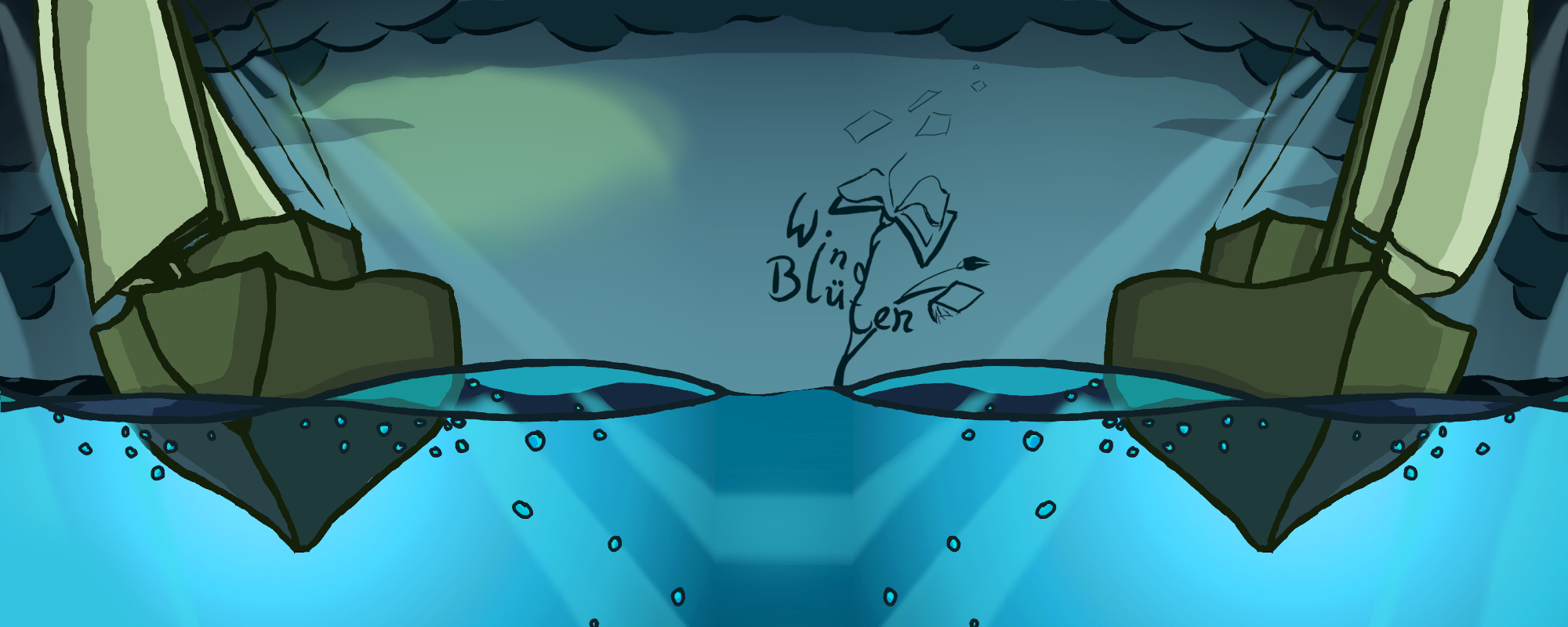 Ein Ausschnitt aus dem Cover der Flotte der Maare. Es ist überigenend in Blautönen. Es zeigt ein Segelschiff rechts, das auf uns zusegelt und zur Außenseite Schräglage hat. Und ein gespiegeltes Segelboot auf der anderen Seite, das auf uns zusegelt. Der Himmel ist von dunklen Wolken verhangen, aber grelle Strahlen dringen aus der Wolkendecke unter Wasser.